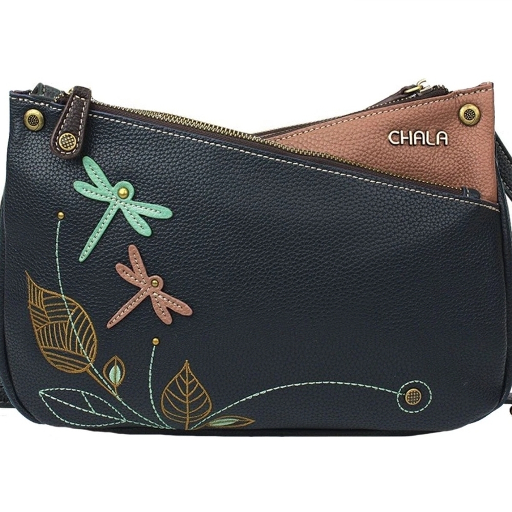 SOLD. Chala Dragonfly Design Crossbody Bag in Navy and Tan